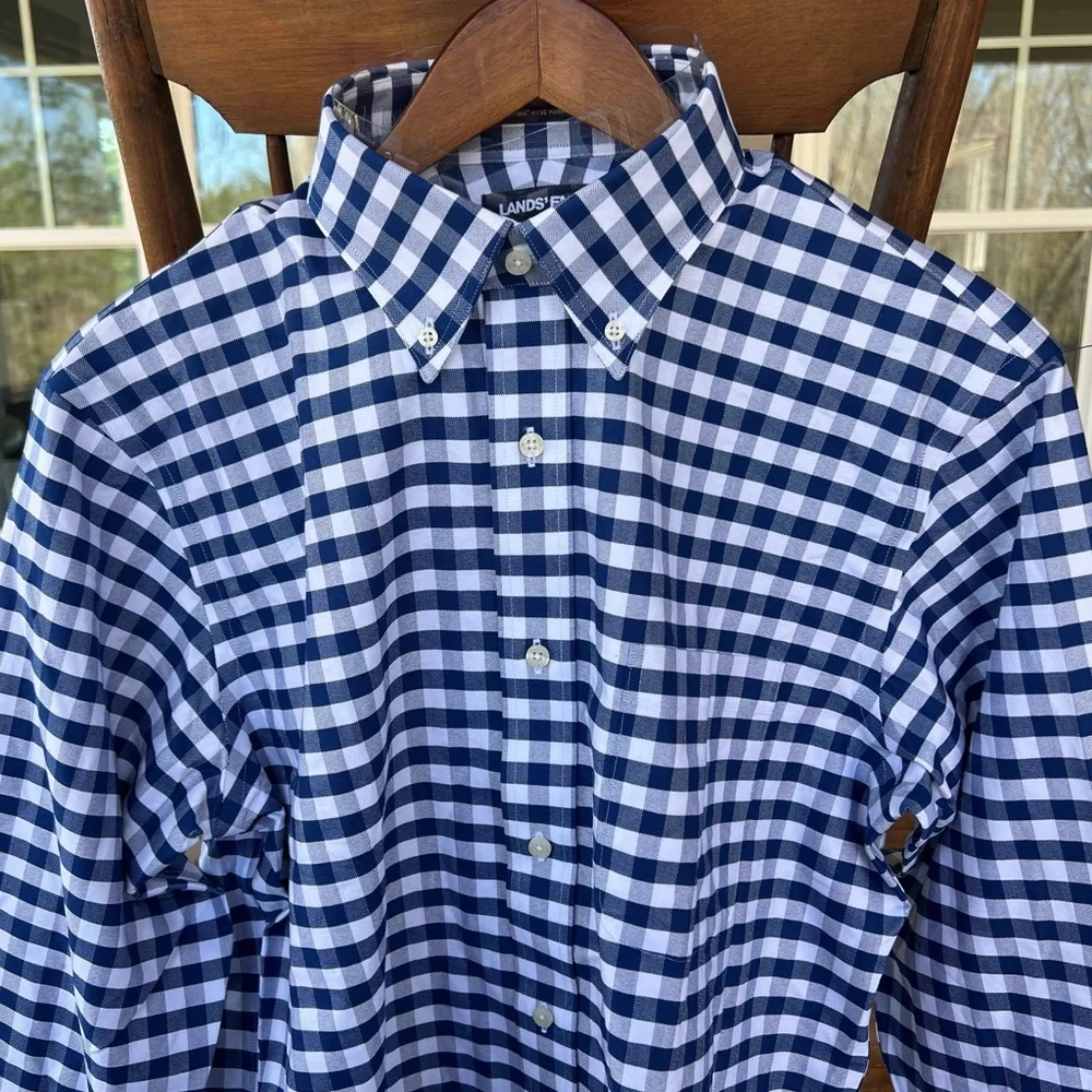 Lands’ End 15 1/2-32 Traditional Fit Navy Checked Button Long Sleeve Dress Shirt